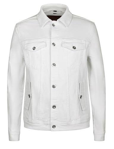 Enorsia Men's White Denim Jacket, Regular Fit Trucker Style with Adjustable Waist, Chest & Side Pockets, Cotton Stretch Fabric Casual Jacket for Men (UK, Alpha, L, Regular, Regular, White)