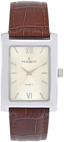 Peugeot Men's Rectangular Textured Roman Numeral Dial Classic Dress Wrist Watch with Leather Strap Band