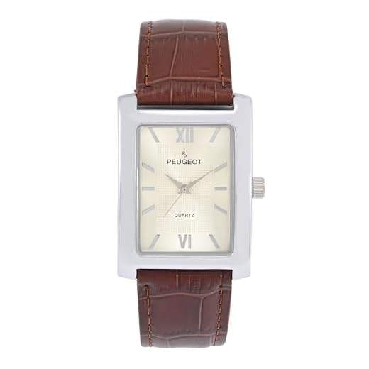 Peugeot Men's Rectangular Textured Roman Numeral Dial Classic Dress Wrist Watch with Leather Strap Band