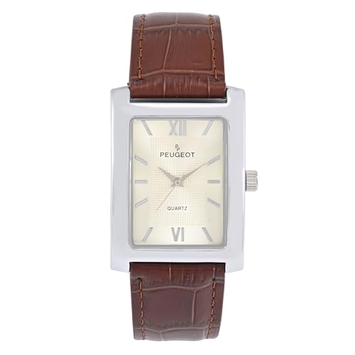 Peugeot Men's Textured Roman Numeral Dial Leather Strap Classic Dress Watch