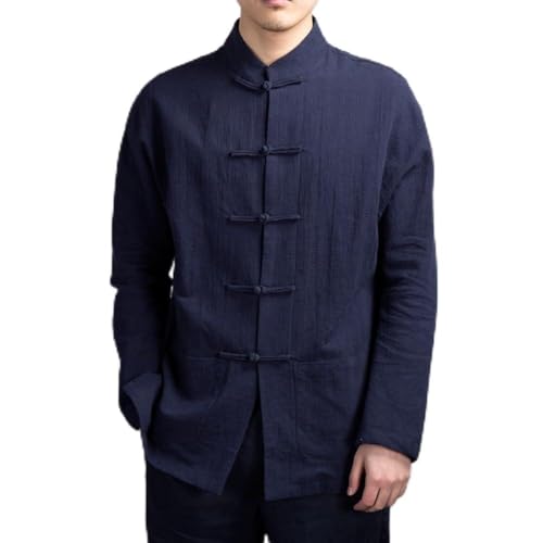Veste traditionnelle chinoise de Kung Fu pour homme avec manches longues et fermeture à boutons, idéale pour le quotidien, les vacances et les vacances (XL Bleu marine)