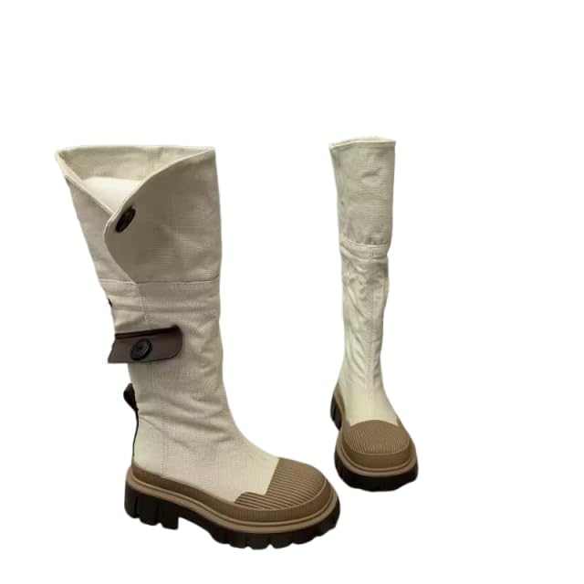 Womens Jean Platform Fold Over Mid Calf Boots Round Toe Block Heel Slouchy Western Pull On Fashion Boots