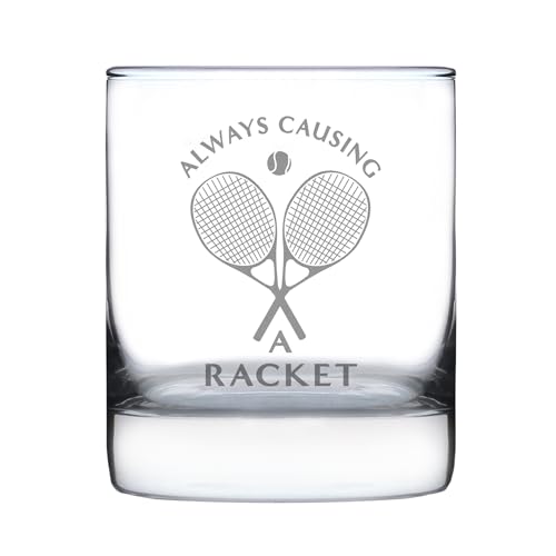 Bevvee Causing A Racket - Whiskey Rocks Glass - Funny Tennis Themed Decor and Gifts - 10.25 Oz Glasses