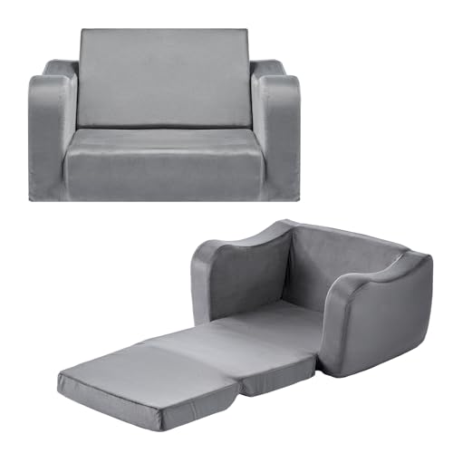 VEVOR Sofá Infantil 2 en 1, Convertible en Tumbona, Sofá Cama Plegable y Suave de Esponja 28D y Pelo Corto con Reposabrazos, Ideal para Jugar o Descansar Cómodamente para Niños, Talla M, Gris