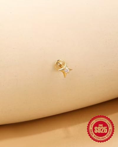 16G Dangle Helix Piercing Jewelry 1PC 925 Solid Silver 14K Gold Plated Conch Tragus Cartilage Earring Flat Back Stud Internally Threaded Ear Ring 8mm Gifts for Her Cubic Zirconia White Opal4