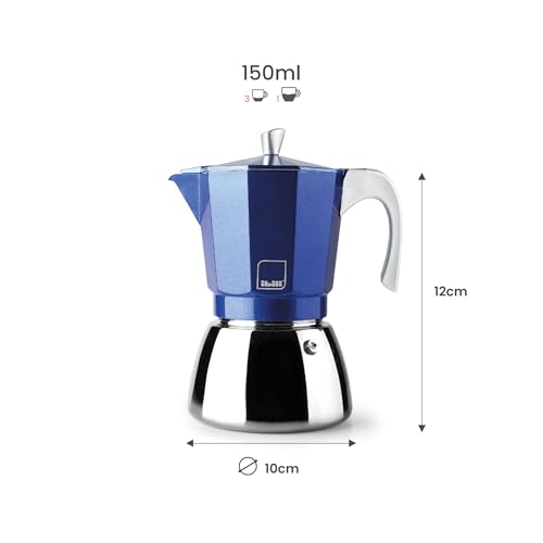 IBILI - Macchina per caffè espresso Elba Blue, 3 tazze, 150 ml, alluminio pressofuso, base in acciaio inox, con riduttore per 2 tazze Adatto per induzione - 2