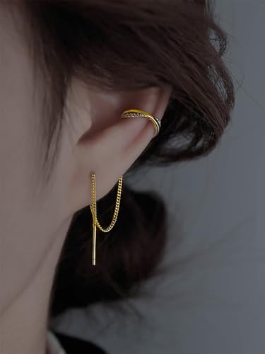 1Pcs Long Chain Cuff Earrings Gold Silver Wrap Tassel Earrings Minimalist Cz Round Stud With Chain Cuff Double Piercing Jewelry Statement Fake Earrings for Women Girls3