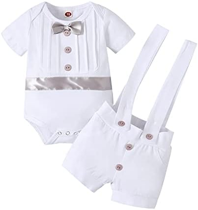 Baby Boys Baptism Christening Outfit Bowtie Romper Suspenders Pants Gentleman Formal Wedding Party Tuxedo Suit Ring Bearer Clothes for First Birthday Cake Smash Photo Gray - Short Sleve 18-24 Months