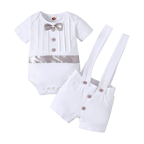 Baby Boys Baptism Christening Outfit Bowtie Romper Suspenders Pants Gentleman Formal Wedding Party Tuxedo Suit Ring Bearer Clothes For First Birthday Cake Smash Photo Gray - Short Sleve 18-24 Months #TOP2