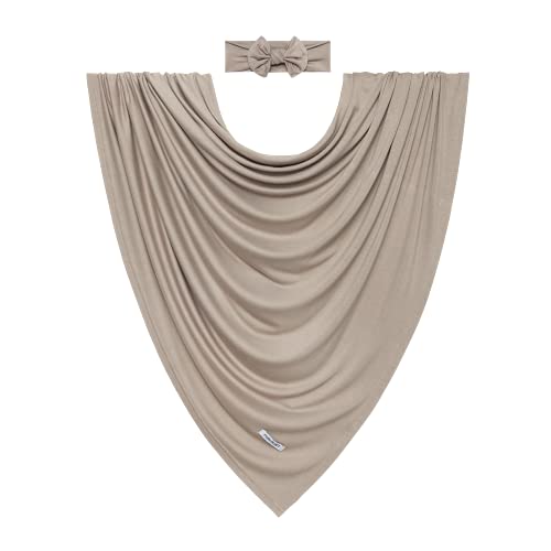 Image of Posh Peanut Swaddle Blanket & Headband Set – Viscose from Bamboo Stretchy Baby Swaddle for Newborn Girls, Receiving Blanket or Nursing Cover (Taupe)