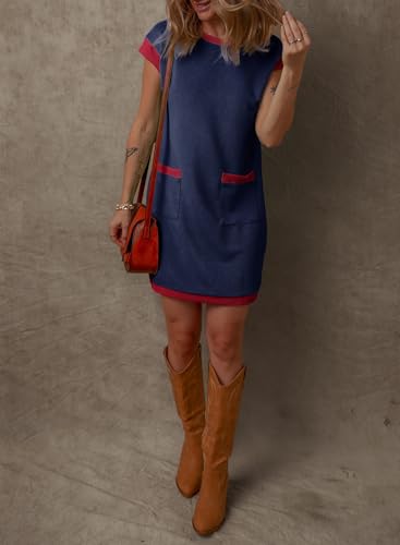 Dokotoo Women's Casual Summer Dresses Fashion Cap Sleeve Color Block Crewneck Shift Tshirt Mini Dress4