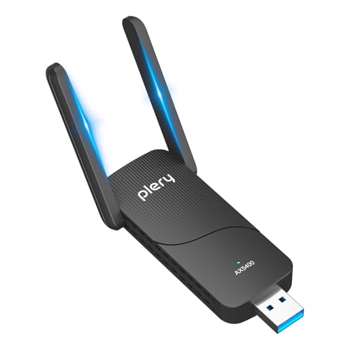 PLERY AX5400 Adaptador WiFi USB para PC, USB3.0 Tri-Banda 6/5/2,4GHz Antena WiFi PC, 2 Antenas de Alta Ganancia, Latencia Ultrabaja, MU-MIMO, OFDMA, WPA3, Compatible con Windows 11/10