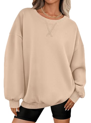 PRETTYGARDEN Oversized Sweatshirt for Women Fall Outfits 2025 Crewneck Long Sleeve Tops Fleece Pullover Winter Clothing(Khaki,Large)