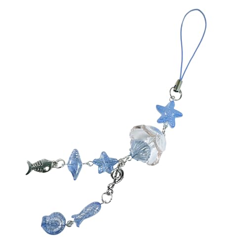 BUBEFSKD Elegante pescado y concha de perlas accesorios para teléfono móvil colgante decorar un estado de ánimo natural fresco para su dispositivo de peces y concha correa móvil, azul, Talla única