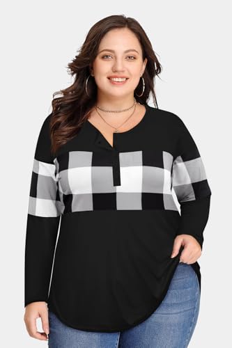 Image of CARCOS Plus Size Tops for Women Long Sleeve Fall Tunic Color Block Camo /Plaid /Leopard /Fall Blouse Crewneck Tshirt XL-5XL