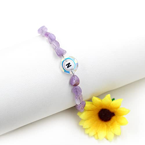 Image of Uloveido Purple Natural Stone and Austrian Crystal Letter Bracelet, Personalized Initial Jewelry for Women A-Z 26 Letters
