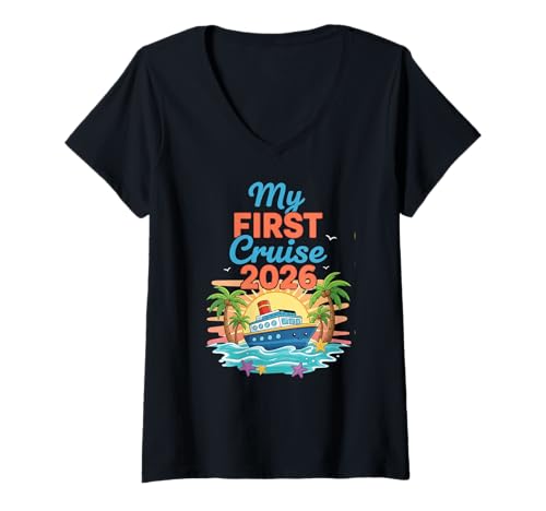 Womens My First Cruise 2026 Family Cruising Vacation Kids V-Neck T-Shirt