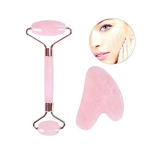Gua Sha Face Roller Set, sunliveus 2 in 1 Rose Quartz Jade Stone Face Roller and Gua Sha Set Massage Tool Jade Ice Rollers for Women Face Body Eyes Neck Slimming Beauty Skin Care