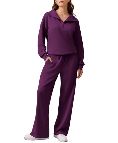 Image of PINSPARK 2 Piece Sets for Women 1 /4 Zip Lounge Matching Set Fall Outfits | Oversized Sweatshirt, Long Sleeve Pullover, Wide Leg Pants with Drawstring Pockets, Sweatsuit, 2026 Travel Airport Tracksuit