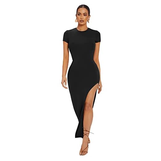 SheIn Dam kortärmad klänning med slits figurnära sommar maxiklänningar bodycon elegant festklänning fritidsklänning rund hals, svart, L