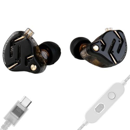 KZ ZS12 PRO 2 USB C Wired Headphones Type-C in Ear Monitor Headphone, 5BA+1DD 6 Driver Gaming Earbuds USB C Wired Earphones, HiFi Clarity Sound Immersive Bass IEMs for Gaming (Black, USBC-with Mic)