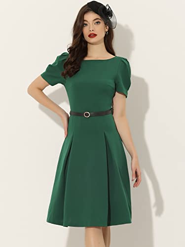 Allegra K Women's Elegant Work Dress Belted Boat Neck Short Sleeve Dresses2