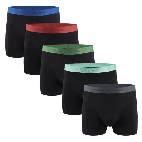 Hunter&Hawks Men's 5 pack Viscose Bamboo Boxers, S-6XL, Soft and Breathable, Mens Cool Dry Boxer Shorts, Anti Chafing Trunks, Black with Multi-Colour Elastic Pack Underwear