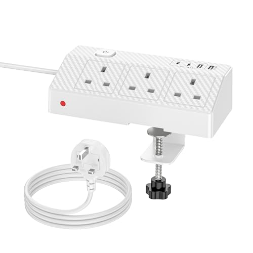 HAFINO Desk Power Socket with USB C Slots PD 20W Fast Charging Power Station Desk Extension Lead with USB Slots with Removable Clamp Desktop Power Strip for Home Office Accessories White 2M