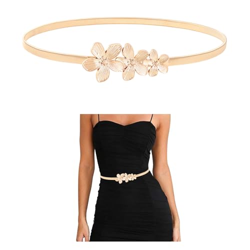 E-Clover Flowers Belts for Women Gold Waist Skinny Stretch Belt for Dresses Metal Waistband Floral
