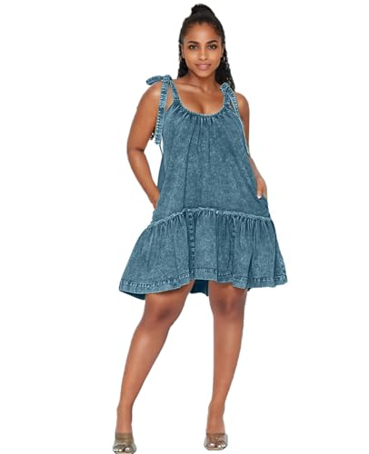 Vidifid Women Denim Cami Dress Tie Shoulder Ruffle Hem Short Dresses Babydoll Wash Jean Sundress with Pocket Blue XXXL