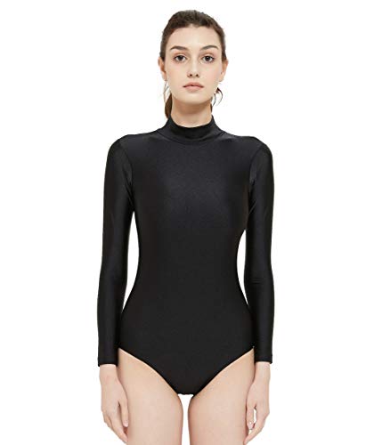 Women's Black Leotard Turtleneck Long Sleeve Spandex Ballet Dance Bodysuit -M