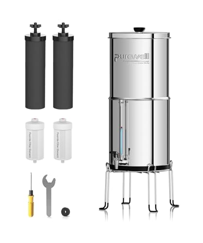 Purewell Schwerkraft-Wasserfilter 5,7L – Edelstahlbehälter mit 4 Filtern (Aktivkohle/Fluorid) Mit tâ€¦ – Miniatur