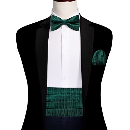 Image of Barry.Wang Men Silk Paisley Cummerbund and Pre-tied Bowtie Handkerchief Cufflink Set for Tuxedo