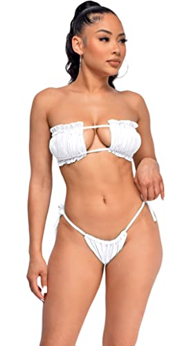 Ducomi Mik Maillot de bain pour femme 2 pièces, soutien-gorge à volants et culottes brésiliennes réglables - Bikini Fru Fru Plage rembourré mer Coordonné et sexy pour fille, Blanc, L
