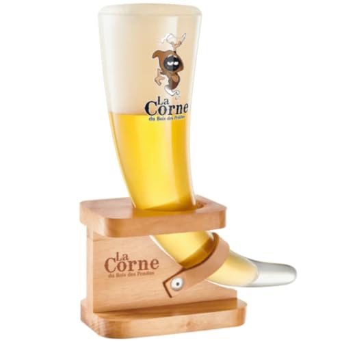 Verre à bière 33 cl original La Corne du Bois du Pendus, avec support en bois, verre à bière belge