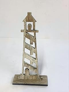 Unpolished Finish Wooden Lighthouse Nautical Ornament (White Wash H 16 cm x L 8 cm x D 3 cm)