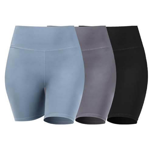 Ynport Crefreak Women's High Waisted Cycling Shorts 3-Pack - Stretchy Gym Shorts for Running, Gym & Workouts - Soft & Comfortable Activewear, Black+Grey+Lake Blue-3 Pack, S