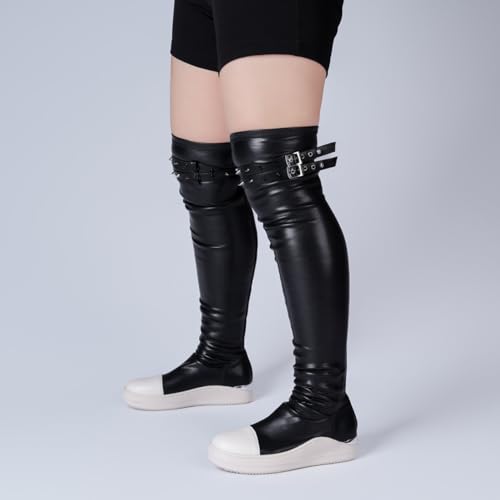 Knee High Boots for Women Goth Platform PU Leather Round Toe Comfortable Tall Booties4