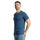 menique 100% Merino Wolle T-Shirt Herren V-Ausschnitt Funktionsshirt Laufshirt Wandern Reisen Unterhemd Thermo Basisschicht Atmungsaktiv Kurzarm Sportshirt, Denim, XL
