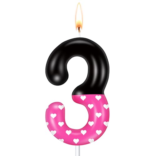 MTLEE Pink Mouse Birthday Candle, Pink and Black Cake Cupcake Topper Birthday Decorations Cartoon Theme Number Candle Party Supplies(Number 3)