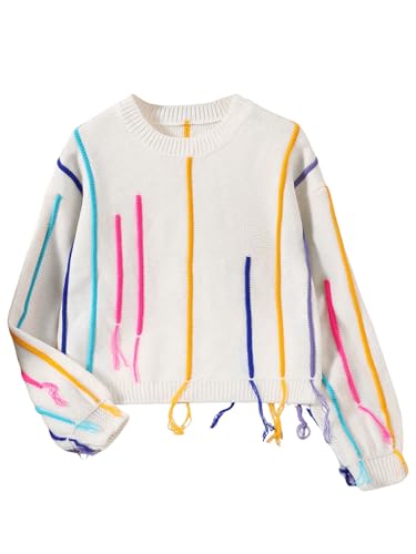 WDIRARA Girl's Rainbow Asymmetrical Tassels Round Neck Long Sleeve Loose Knit Sweater