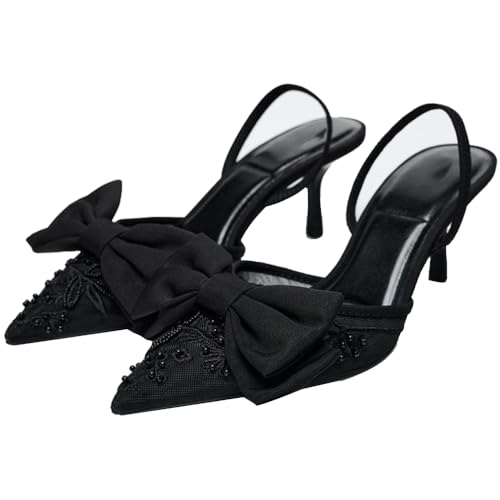 YIYA Women's Black Embroidered Mesh Slingback Kitten Heels with Cute Bow Closed Pointed Toe Stiletto Heels Party Dress Slip On Pumps Shoes