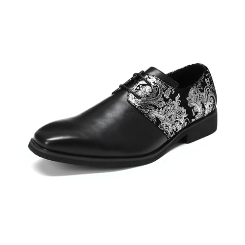 YFFUSHI Chaussures Homme Formelles Bout Pointu Jacquard Cuir Verni Derbys Affaires Lacets Brogues Respirantes, Noir PU et Argent brodé, 42