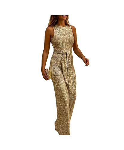 Image of KWTF Jumpsuit Women Summer Fashion Glitter Round Neck Sleeveless Sexy Backless Sequins Skinny Long Party Jumpsuit with Belt