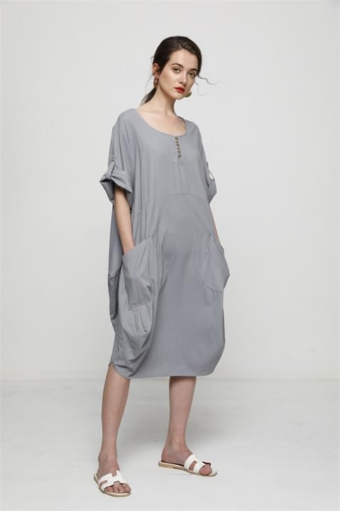 Image of LaovanIn Women's Plus Size Tunic Dress Summer Cotton Linen T Shirt Knee-Length Dresses