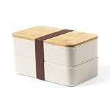 Inkco Barcelona Fiambrera Bento 1,4L con Tapa de Bambú y Cubiertos – Lunch Box con 2 Compartimentos 700 ml – Fiambrera sin BPA con Banda Elástica – Caja Almuerzo Trabajo y Escuela (Beige)