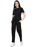 Selvia Women's Co-ords Set|Lycra Top and Trouser Set|Casual Co-ords Set for Women|Two Piece Co-ord Set|Top & Pant Set(707CTK11663N-L_Black)