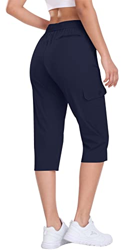 Mofiz Cargo Capris For Women With Pockets Quick Dry Lightweight Elastic Waist Cargo Pants For All Seasons Navy X-Small #TOP1