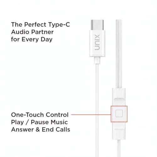 Image of Unix JAMZ Type-C Earphones with 10mm Dynamic Driver, Super Bass Boosted Sound, in-Ear Headphones with Mic, 1.2m Cable, Noise Isolation Earbuds for Android Phones, Tablets & Type-C Devices - White
