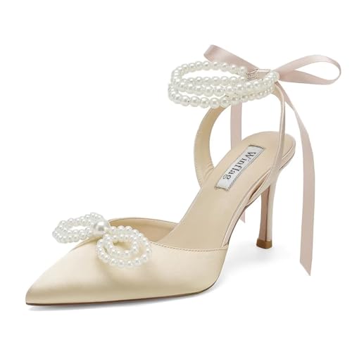 Image of Pearl Wedding Shoes for Bride High Heel Bridal Shoes Closed Toe Wedding Heels